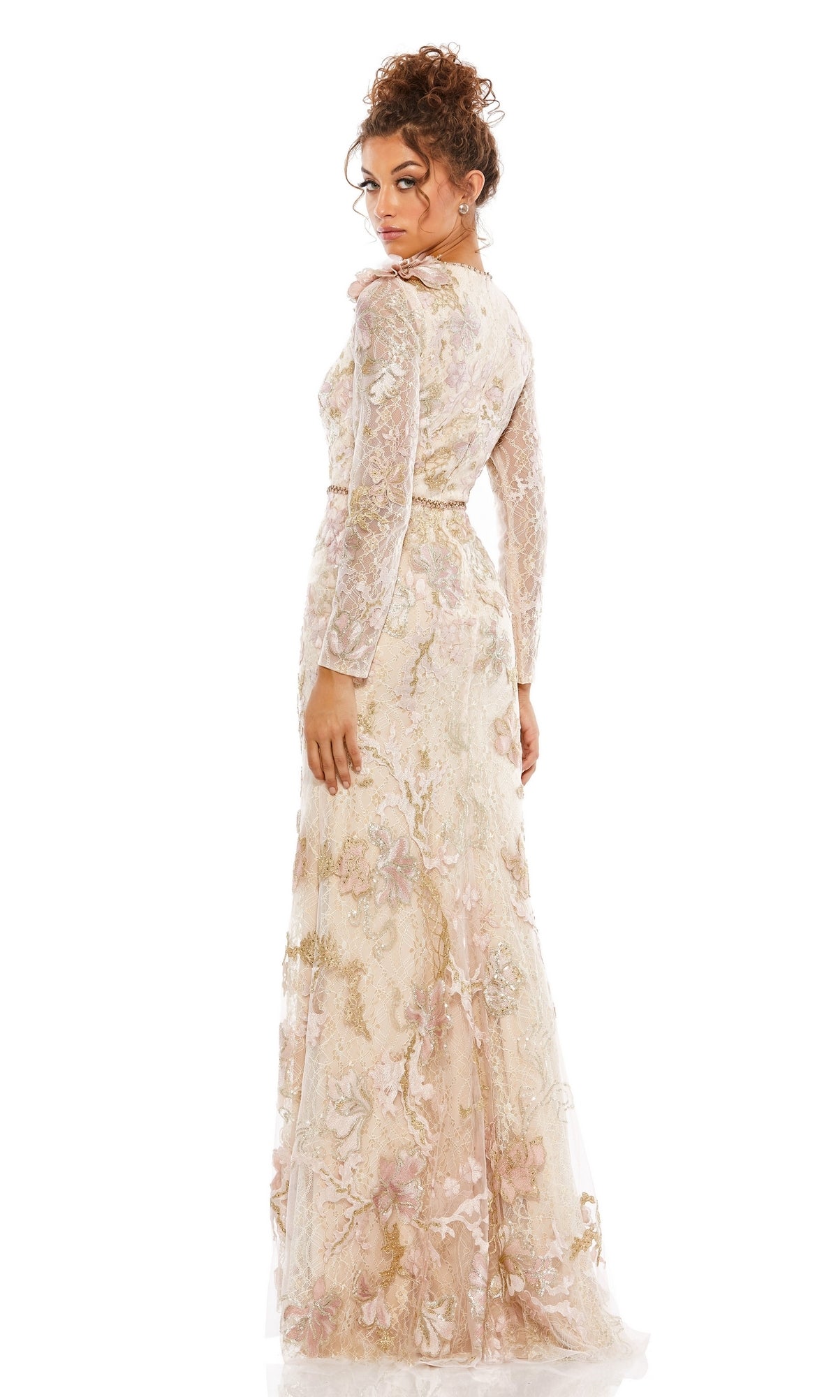 A woman, seen from the back, wears the Long Formal Dress 11174 by Mac Duggal—featuring long sleeves and intricate pastel floral lace—against a white background.
